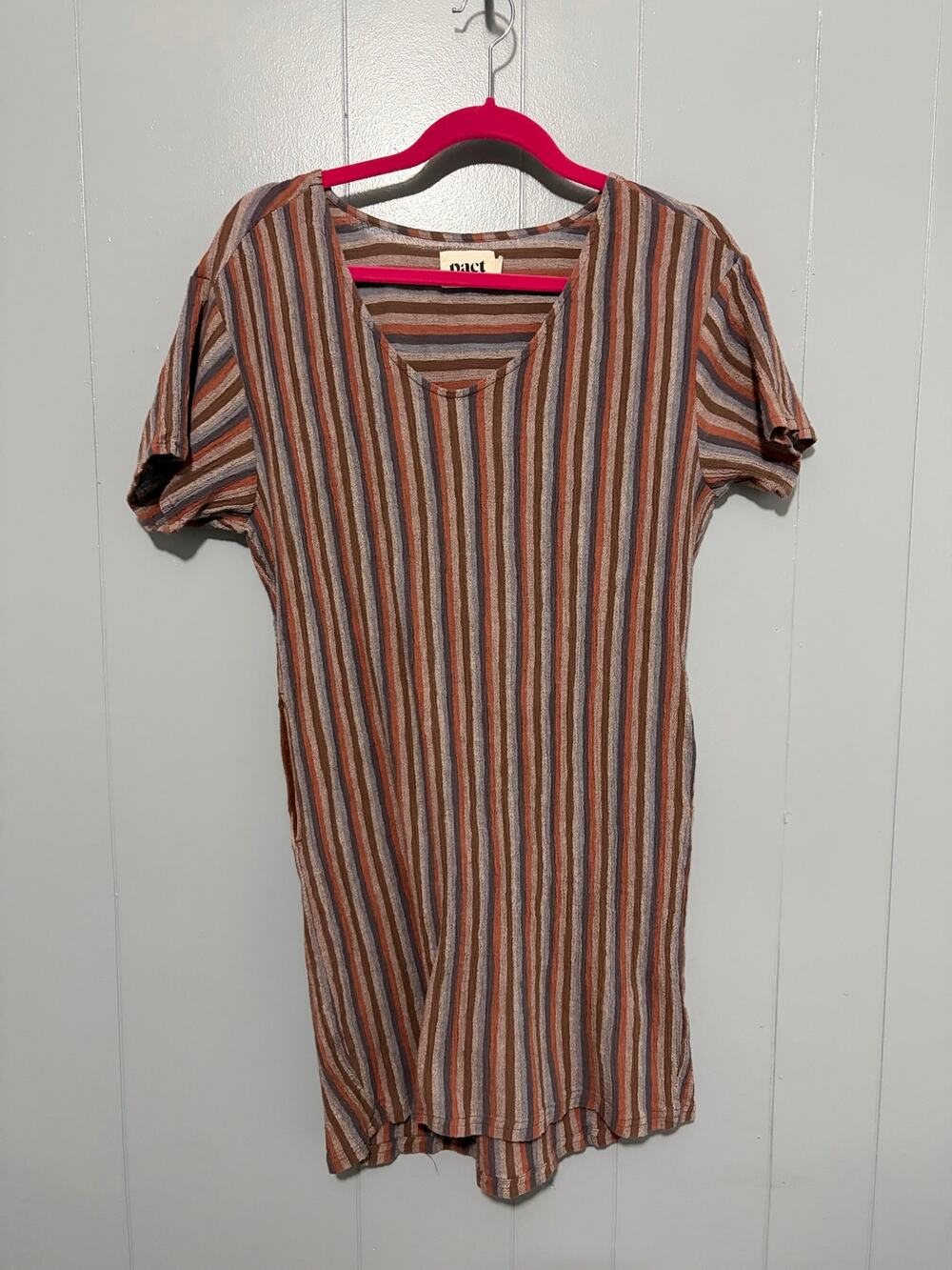 Pact Crush Easy Organic Brown Striped Cotton Crinkle Gauze Shirt Mini Dress S